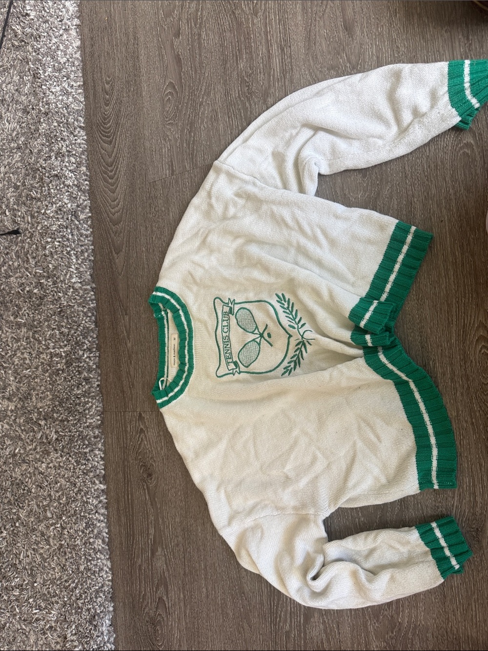 White Knit Crewneck Sweater with Green Trim and Crest